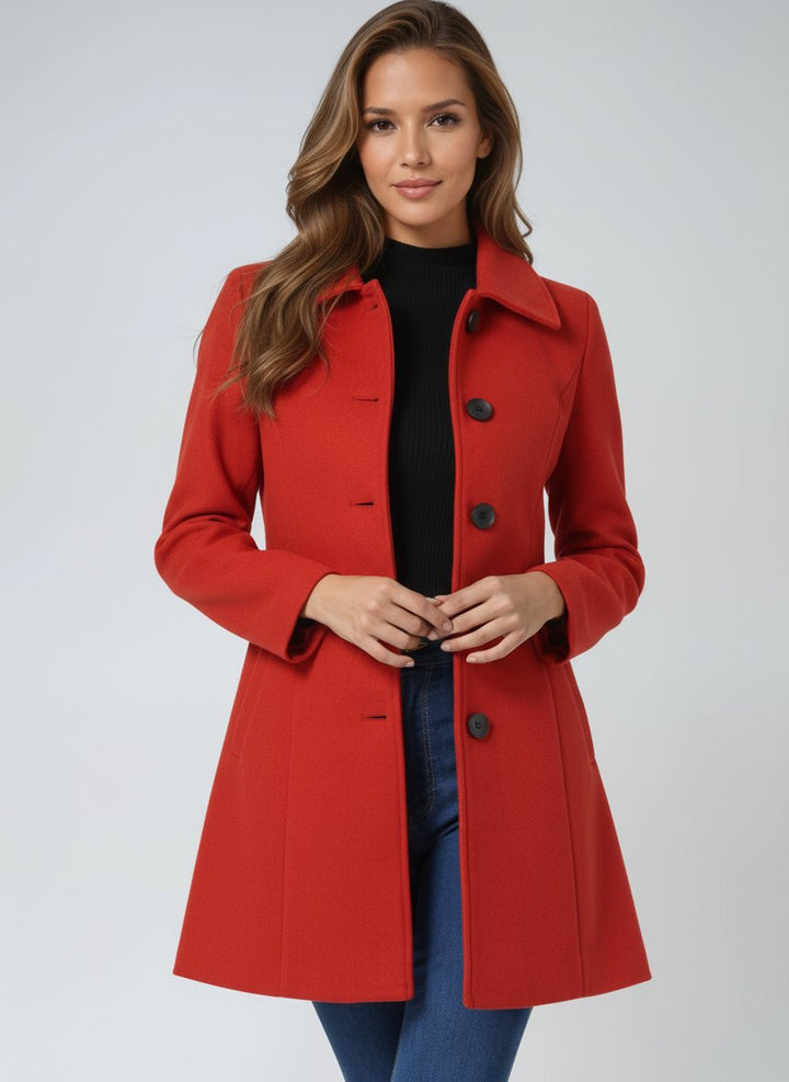 Women's Single-Breasted Lapel-Collar Mid-Length Winter Coat - Red
