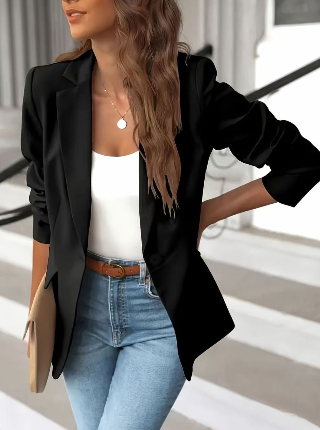 Women's Single-Button Ruched-Sleeve Casual Blazer - Black