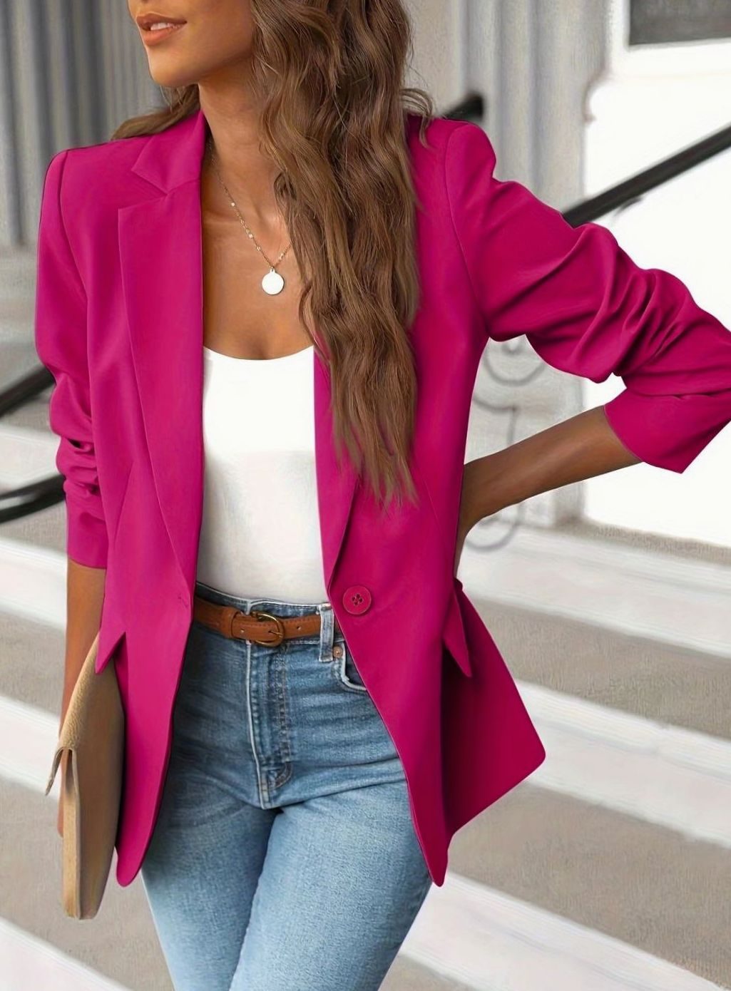 Women's Single-Button Ruched-Sleeve Casual Blazer - Pink