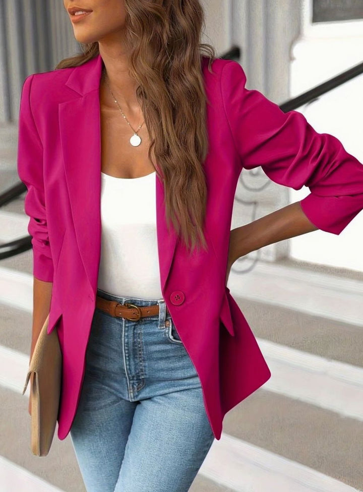 Women's Single-Button Ruched-Sleeve Casual Blazer - Pink