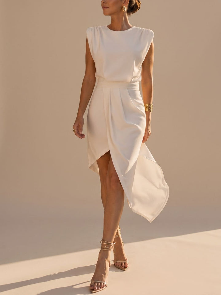 Women's Sleeveless Asymmetric Midi Dress Round Neck - White