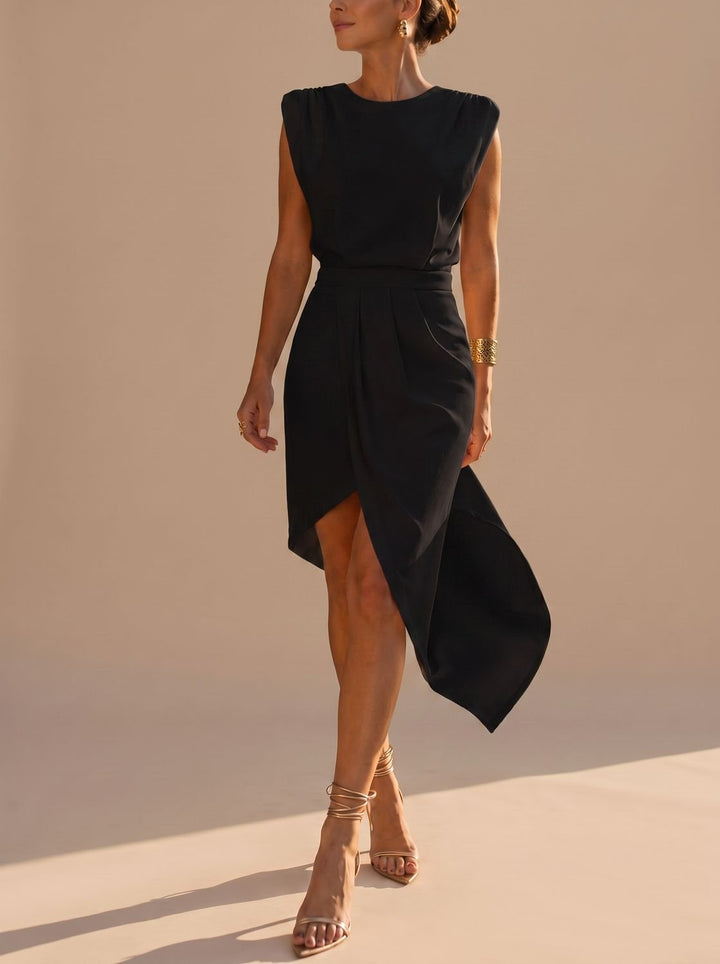 Women's Sleeveless Asymmetric Midi Dress Round Neck - Black