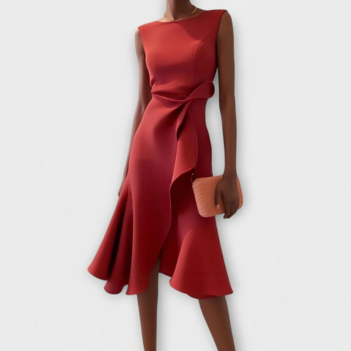 Women's Sleeveless Asymmetrical Drape Flowy Midi Dress - Red