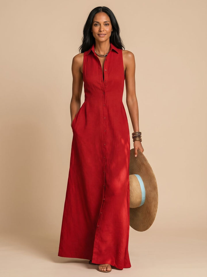 Women's Sleeveless Button-Front Linen Blend Maxi Beach Dress
