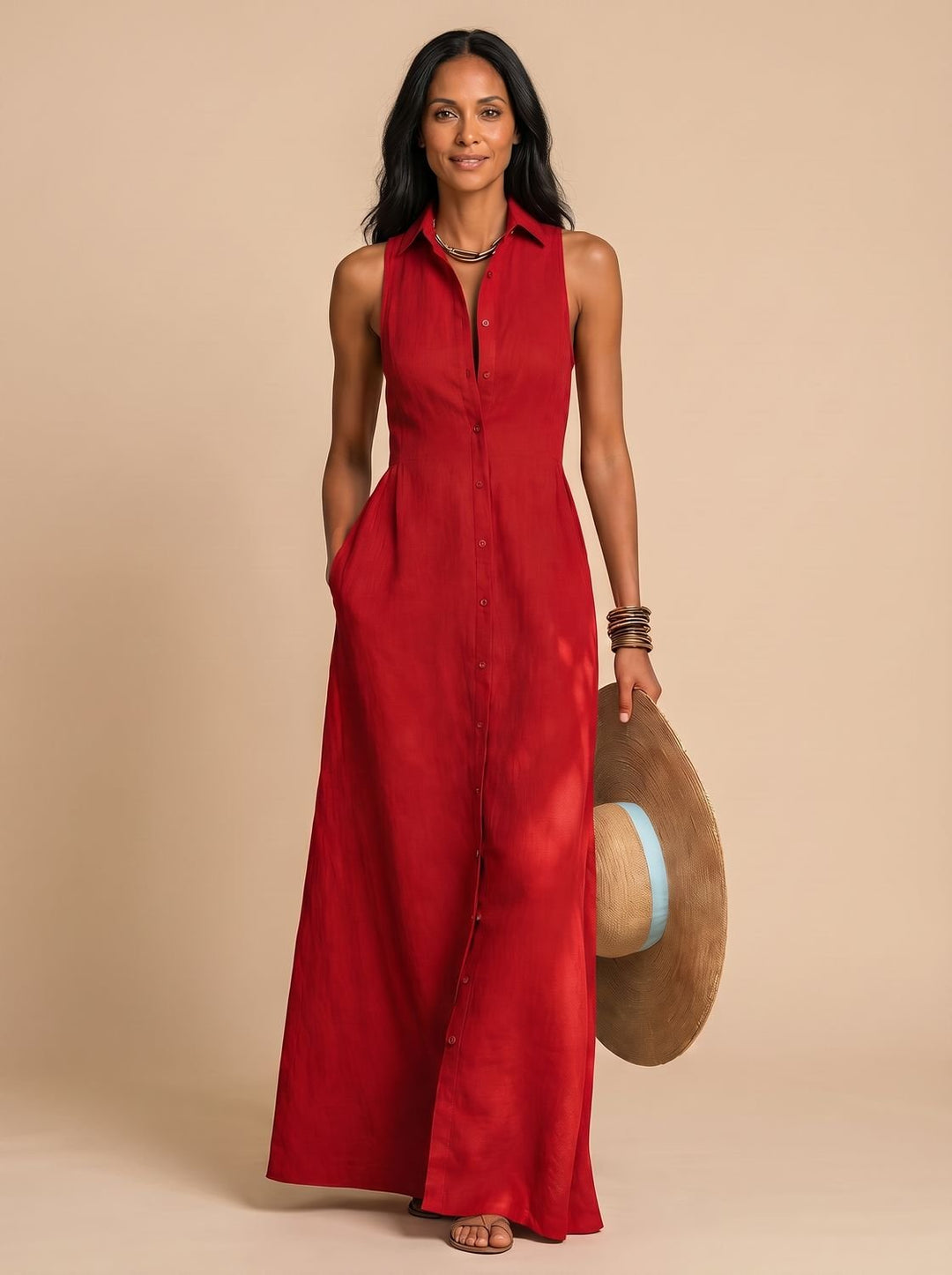 Women's Sleeveless Button-Front Linen Blend Maxi Beach Dress