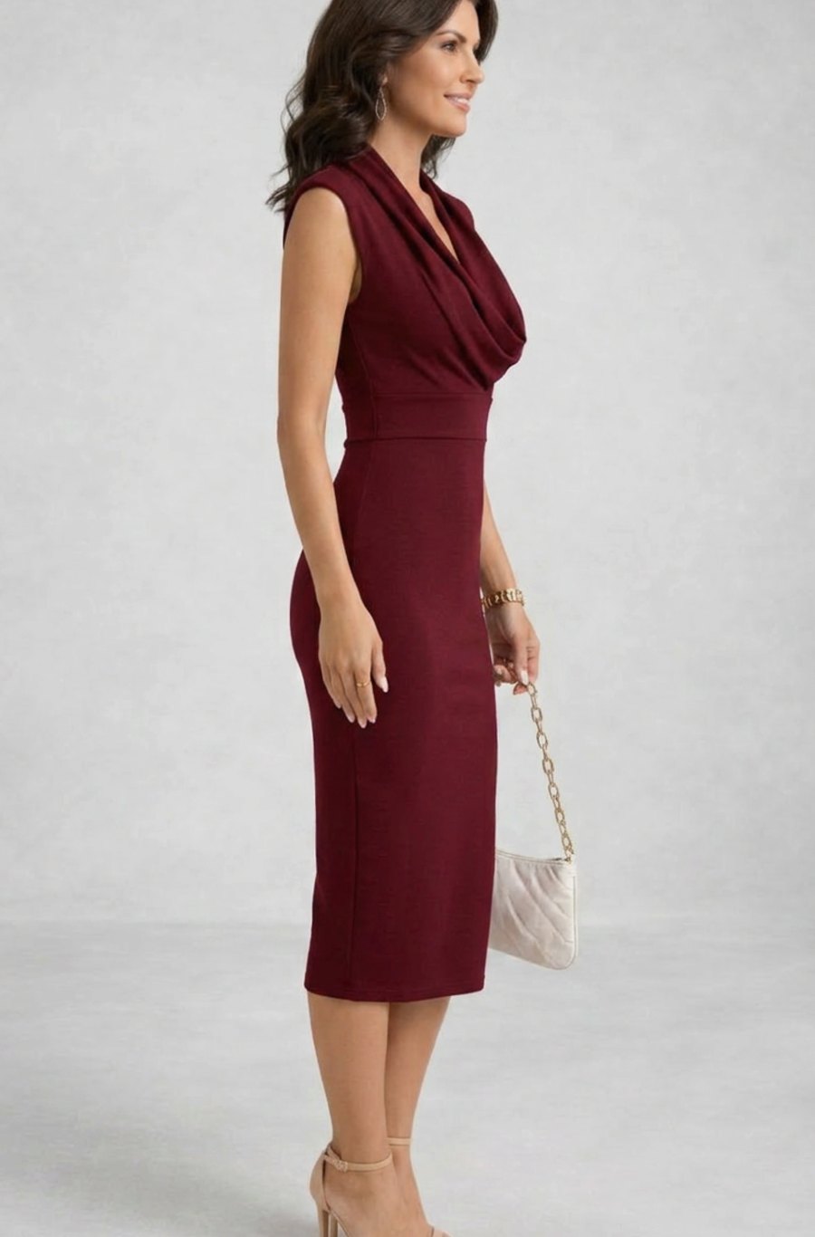 Women's Sleeveless Cowl Neck Body-Skimming Midi Cocktail Dress