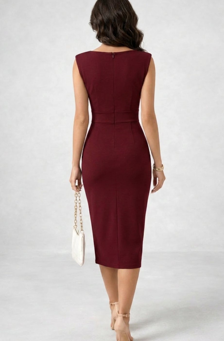 Women's Sleeveless Cowl Neck Body-Skimming Midi Cocktail Dress