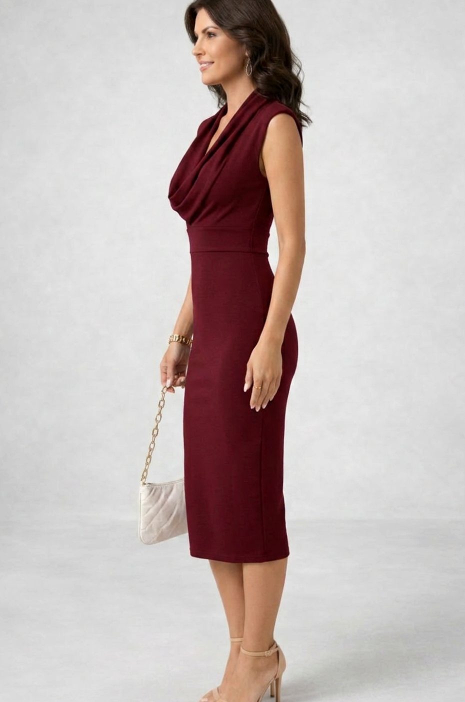Women's Sleeveless Cowl Neck Body-Skimming Midi Cocktail Dress