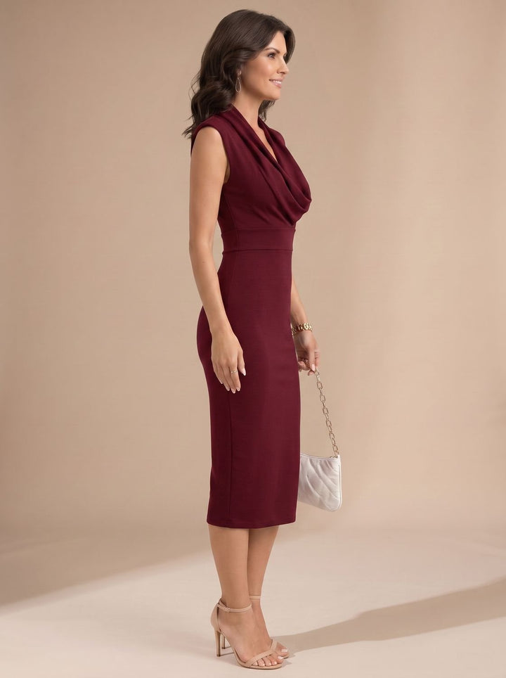 Women's Sleeveless Cowl V-Neck Body-Skimming Pencil Midi Dress