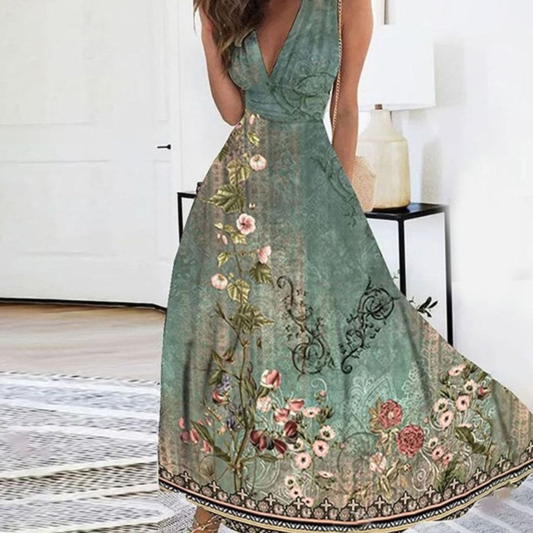 Women's Sleeveless Deep V-Neck Floral Maxi Dress - Floral Print 2