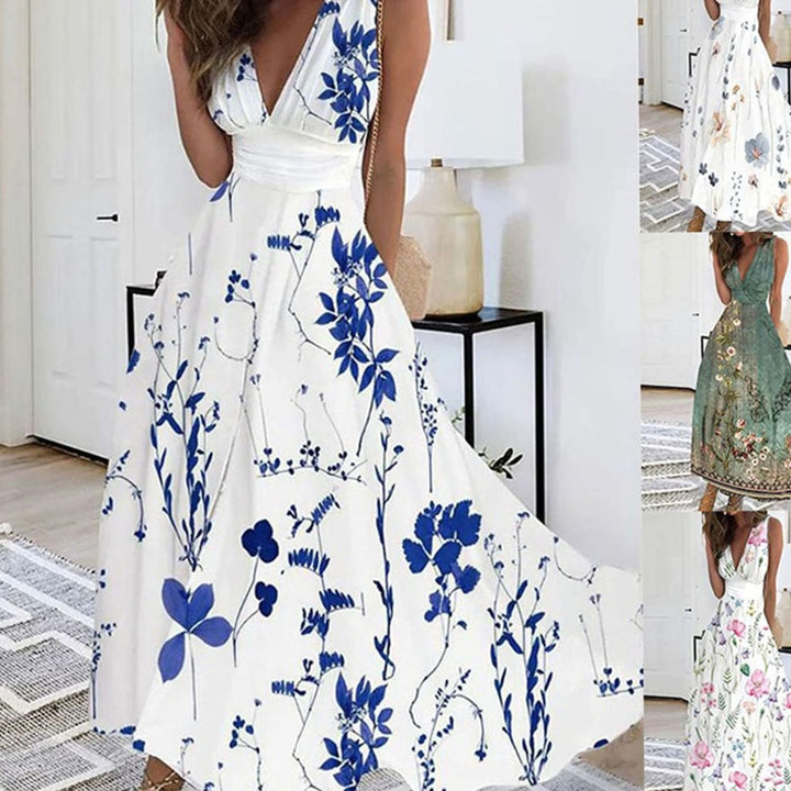 Women's Sleeveless Deep V-Neck Floral Maxi Dress