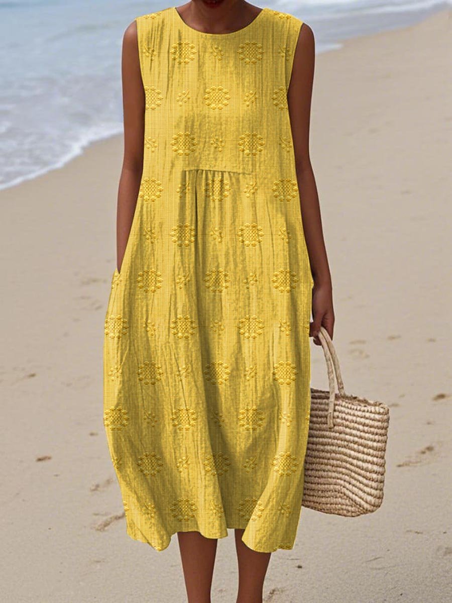Women's Sleeveless Embroidered Relaxed-Fit Round-Neck Midi Dress - Yellow