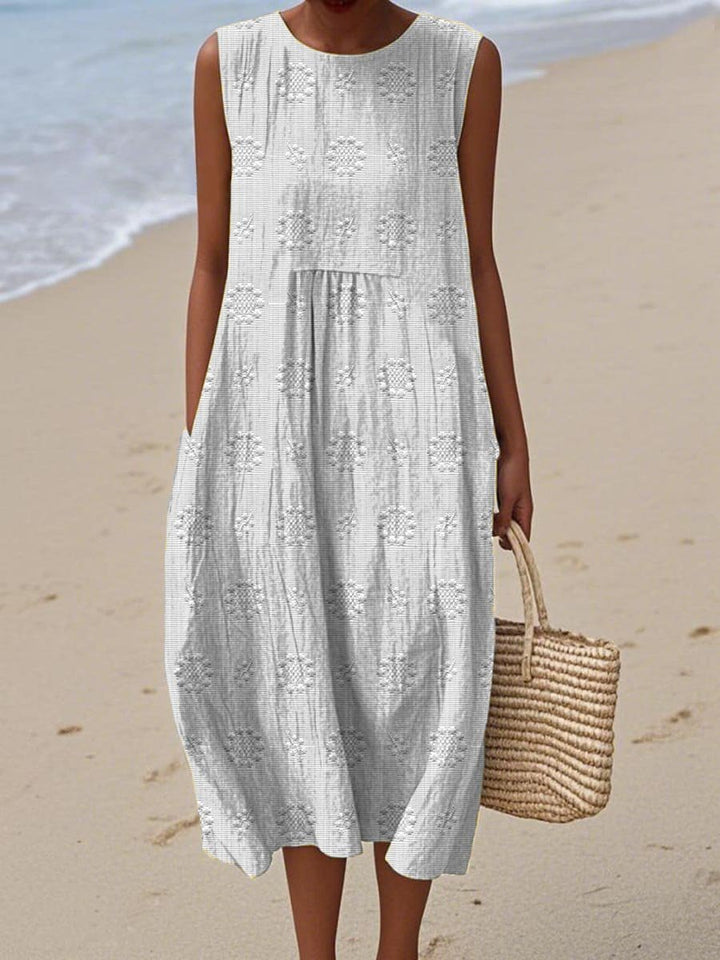 Women's Sleeveless Embroidered Relaxed-Fit Round-Neck Midi Dress - White