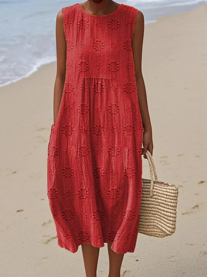 Women's Sleeveless Embroidered Relaxed-Fit Round-Neck Midi Dress - Red