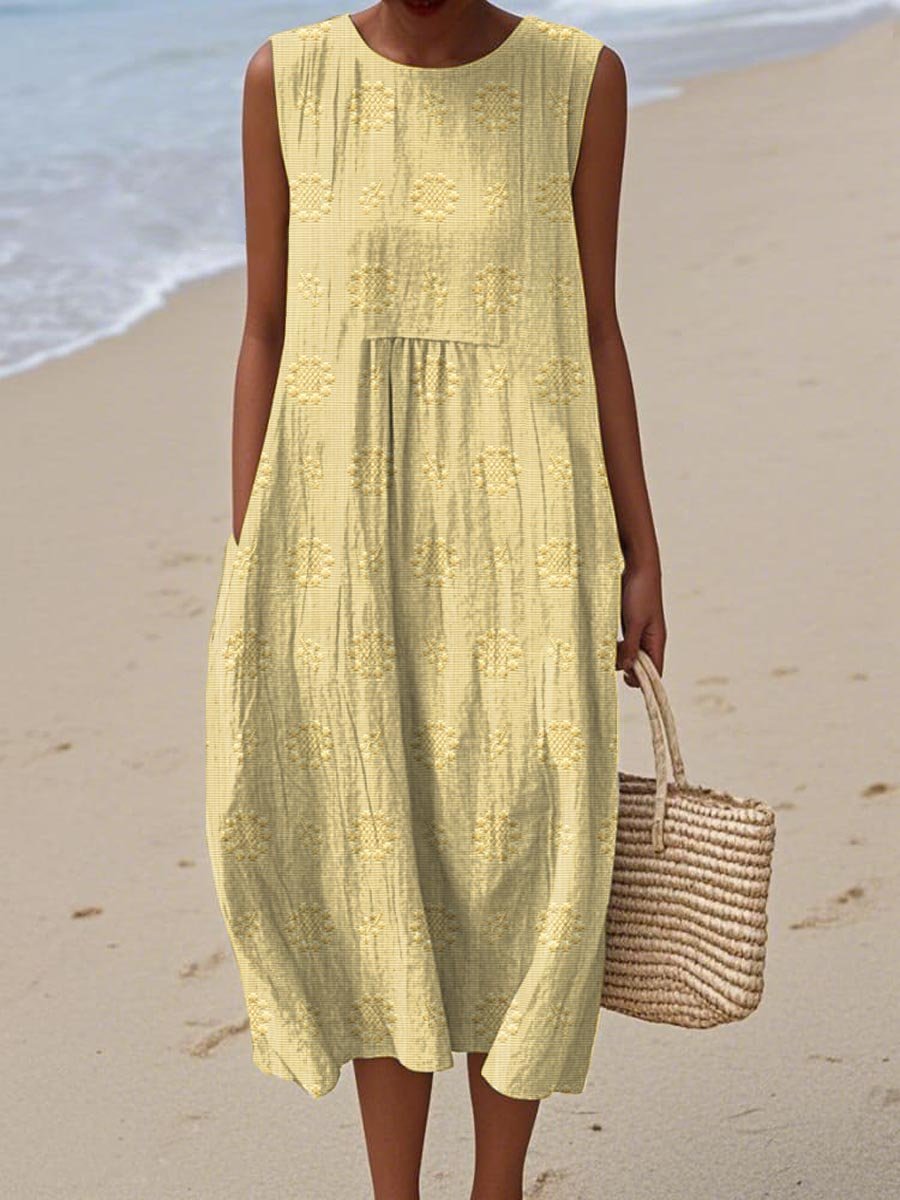 Women's Sleeveless Embroidered Relaxed-Fit Round-Neck Midi Dress - Light Yellow