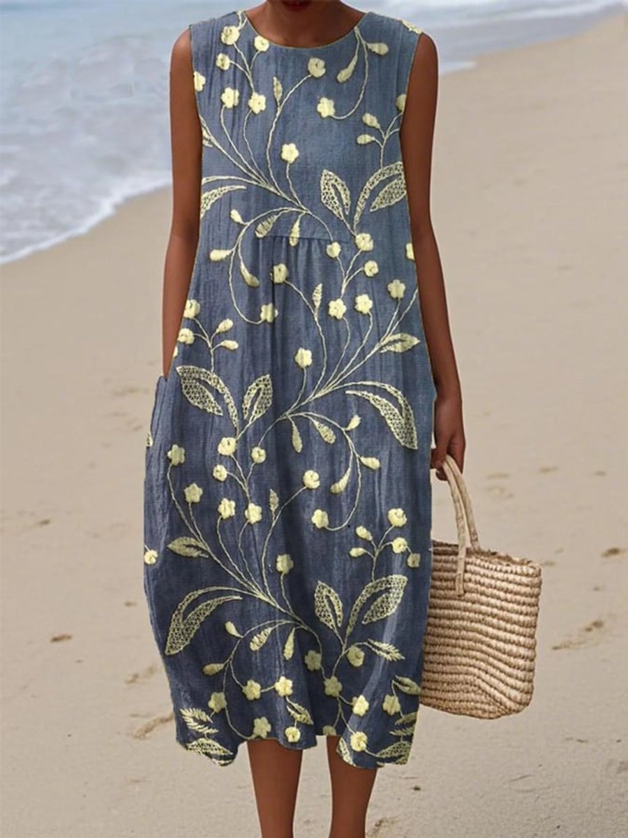 Women's Sleeveless Floral Print Relaxed Fit Midi Dress - Blue