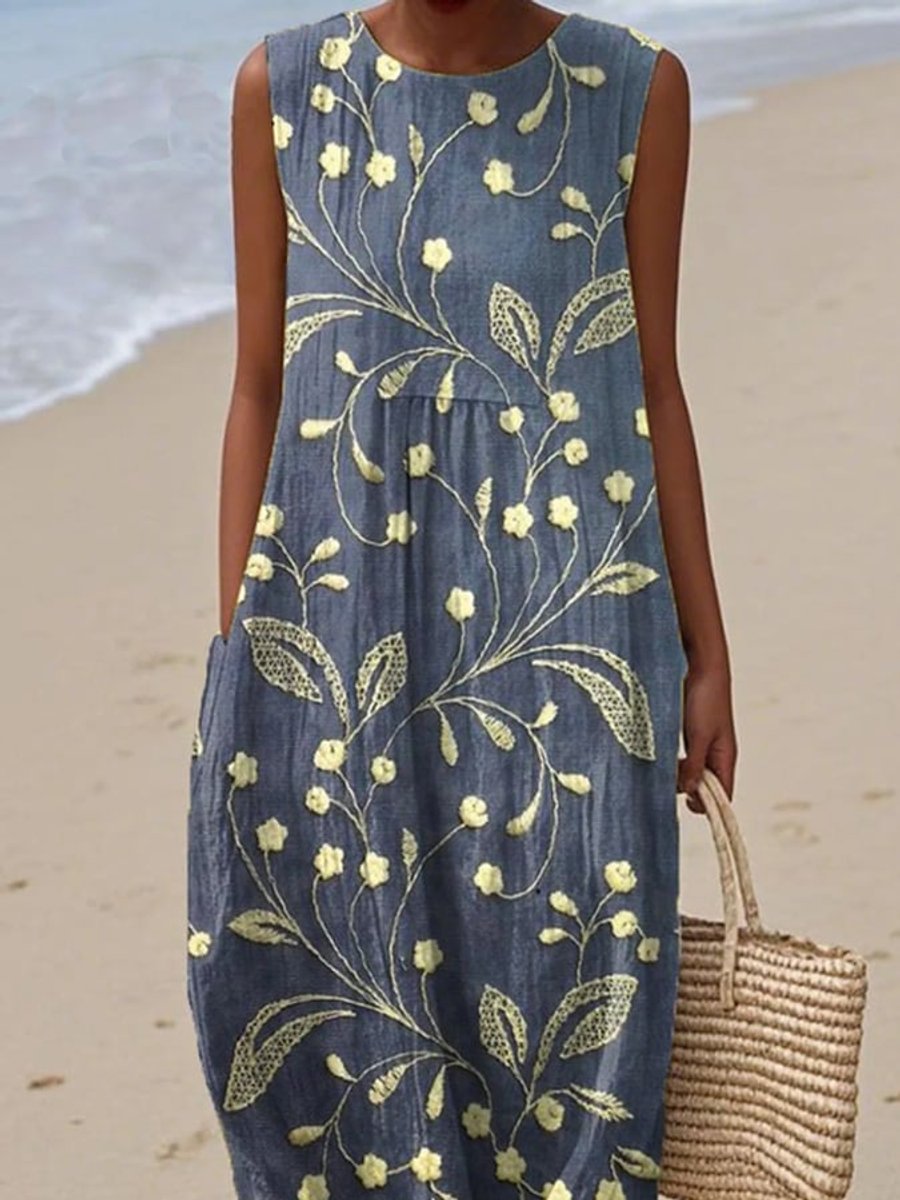 Women's Sleeveless Floral Print Relaxed Fit Midi Dress