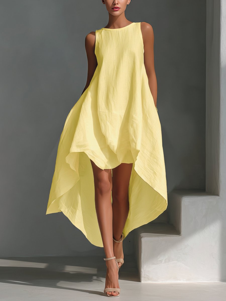 Women's Sleeveless Linen Asymmetric Handkerchief-Hem Midi Dress - Warm yellow