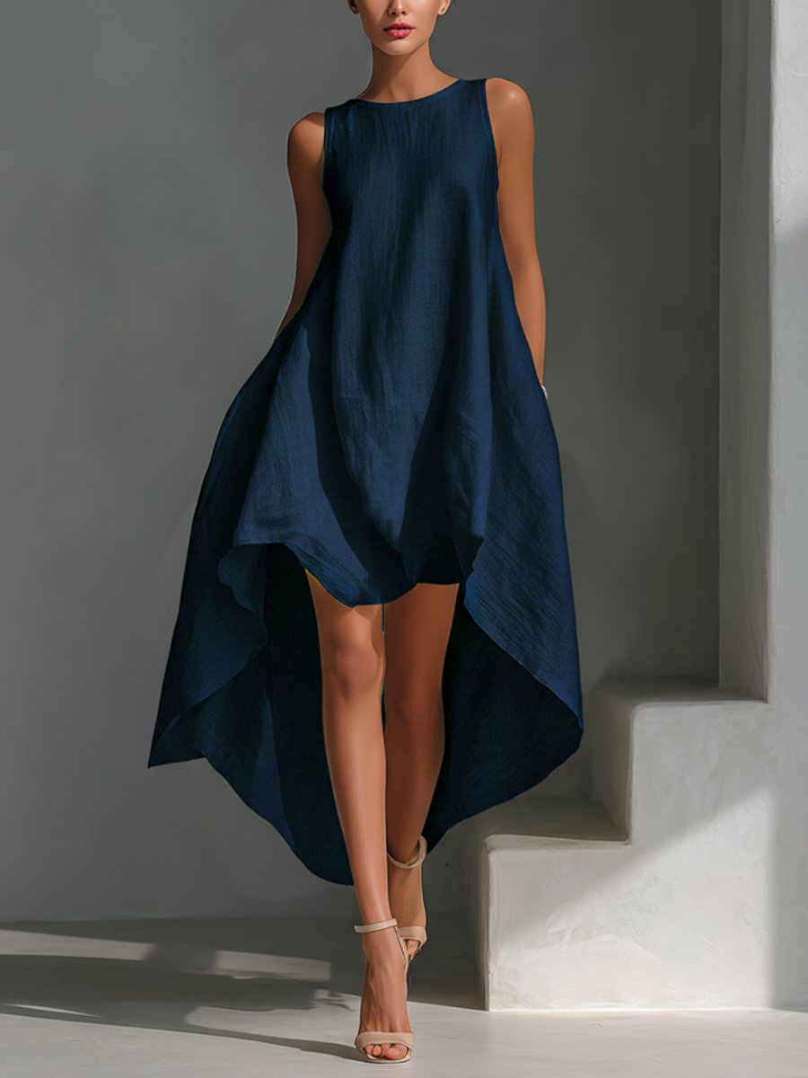 Women's Sleeveless Linen Asymmetric Handkerchief-Hem Midi Dress - Navy blue