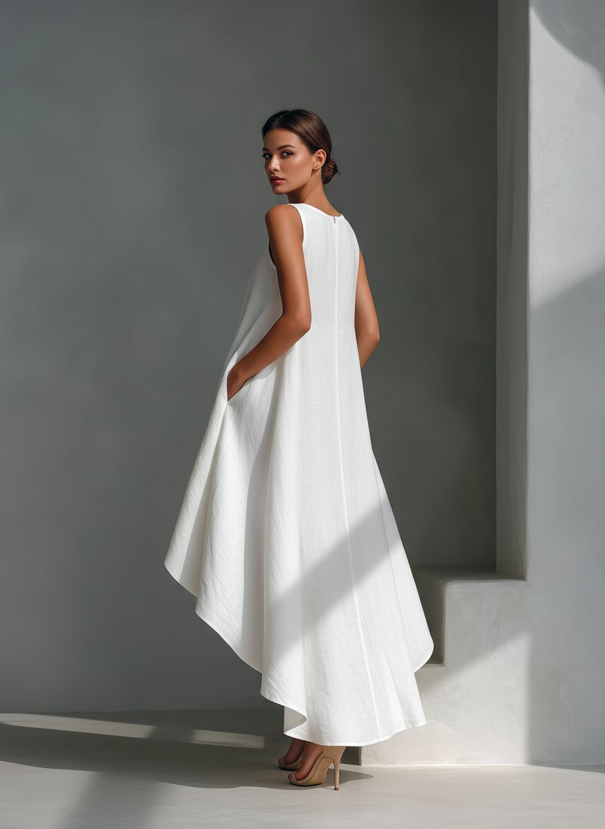 Women's Sleeveless Linen Asymmetric Handkerchief-Hem Midi Dress