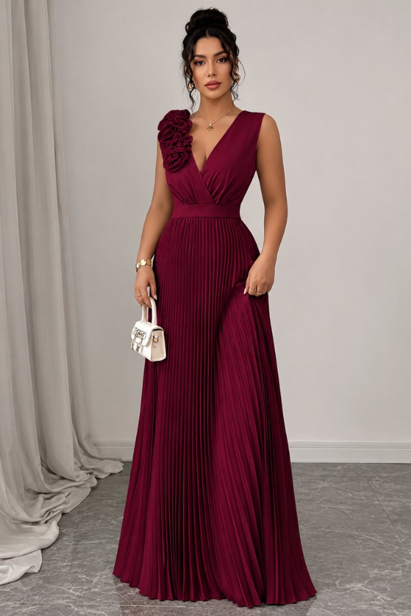 Women's Sleeveless Pleated A-Line Floral Applique Evening Gown - Deep Red