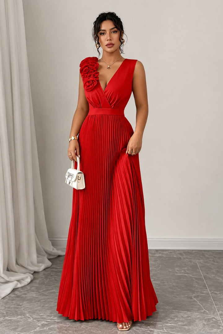 Women's Sleeveless Pleated A-Line Floral Applique Evening Gown - Red