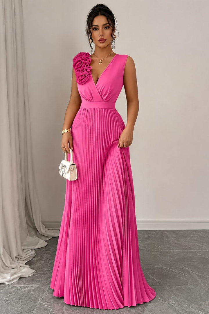Women's Sleeveless Pleated A-Line Floral Applique Evening Gown - Rose Red