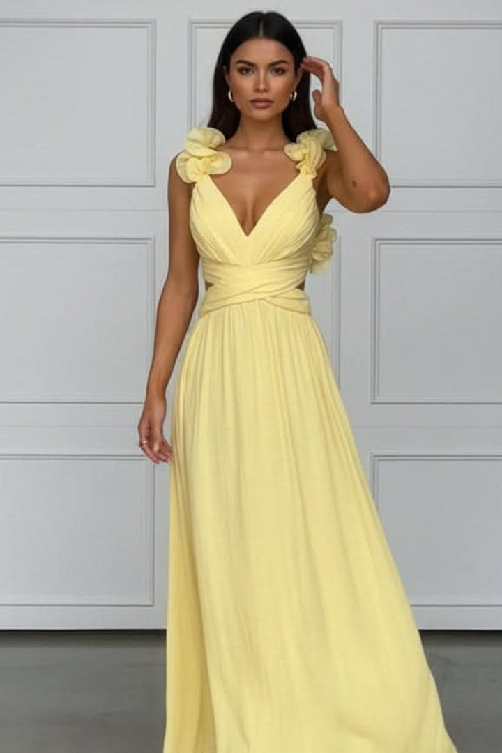 Women's Sleeveless Pleated A-Line Floral Applique Evening Gown - Bright Yellow