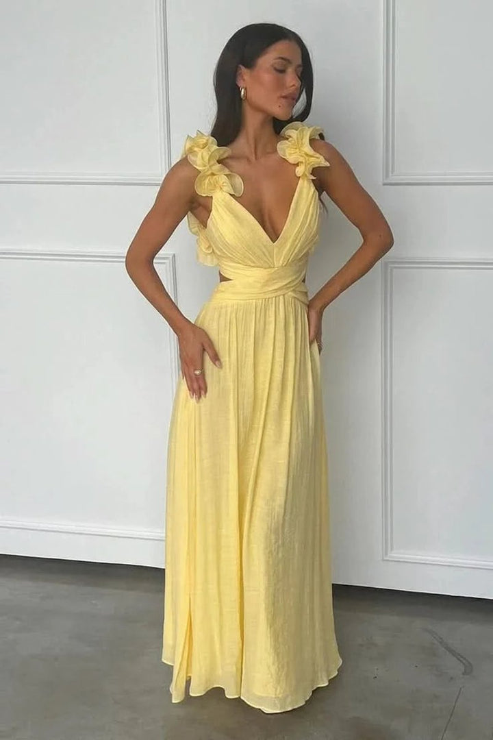 Women's Sleeveless Pleated A-Line Floral Applique Evening Gown