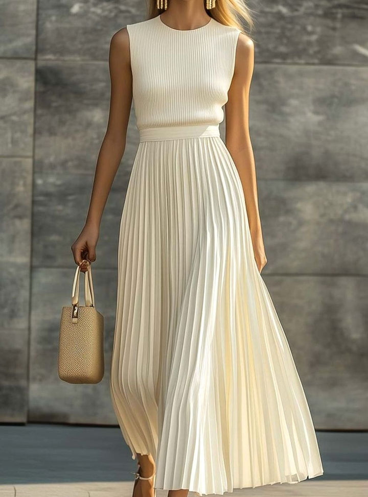 Women's Sleeveless Ribbed-Top Pleated Maxi Dress - Cream