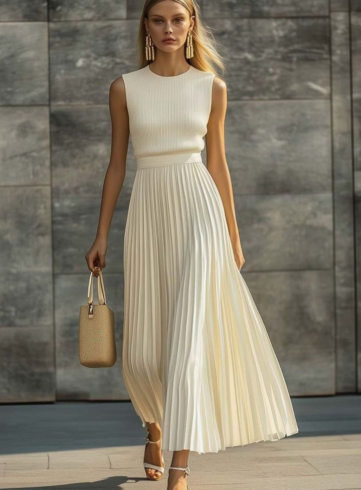Women's Sleeveless Ribbed-Top Pleated Maxi Dress