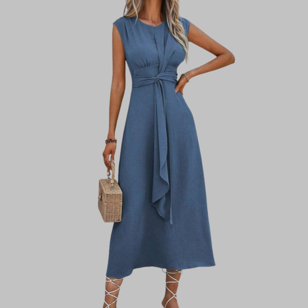 Women's Sleeveless Round Neck Belted A-Line Midi Dress - Blue