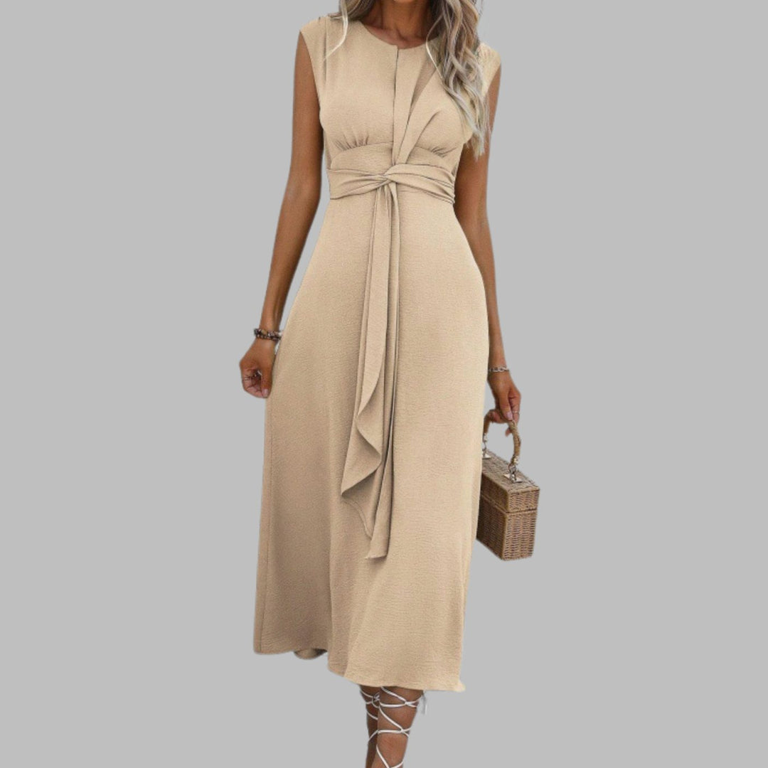 Women's Sleeveless Round Neck Belted A-Line Midi Dress - Apricot