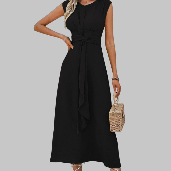Women's Sleeveless Round Neck Belted A-Line Midi Dress - Black
