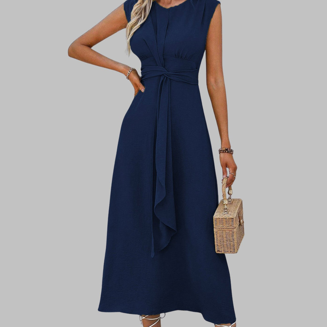 Women's Sleeveless Round Neck Belted A-Line Midi Dress - Dark Blue