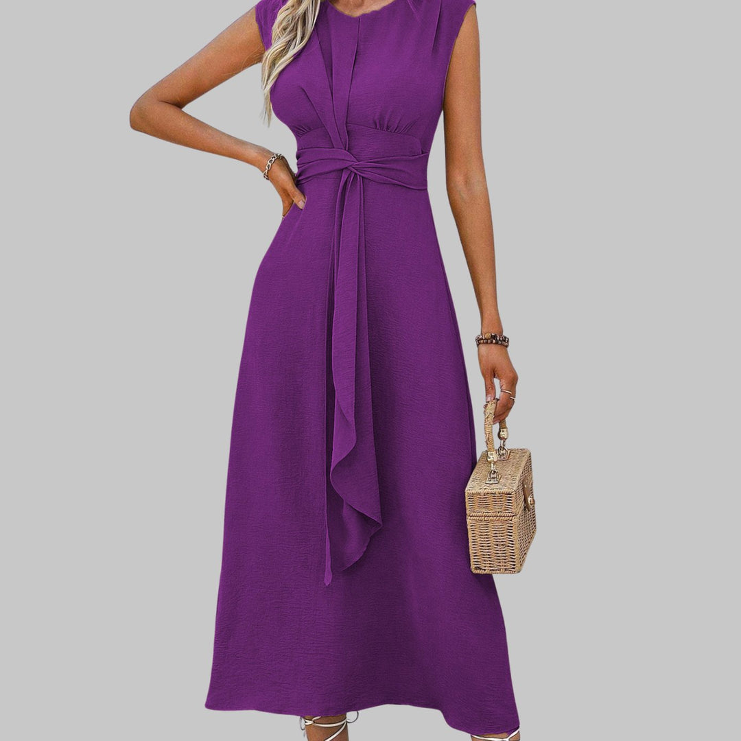 Women's Sleeveless Round Neck Belted A-Line Midi Dress - Purple