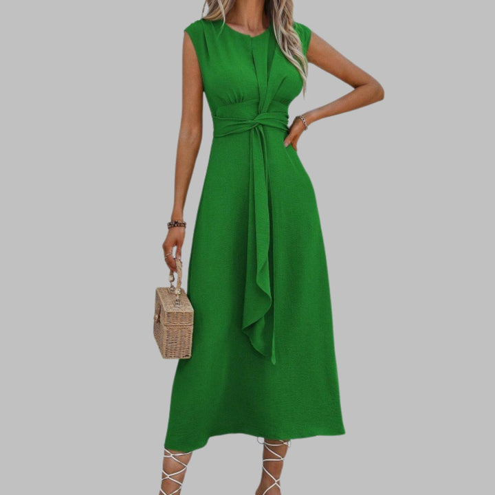 Women's Sleeveless Round Neck Belted A-Line Midi Dress - Green