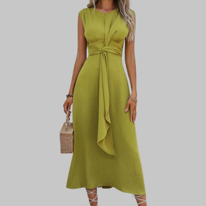 Women's Sleeveless Round Neck Belted A-Line Midi Dress - Yellow