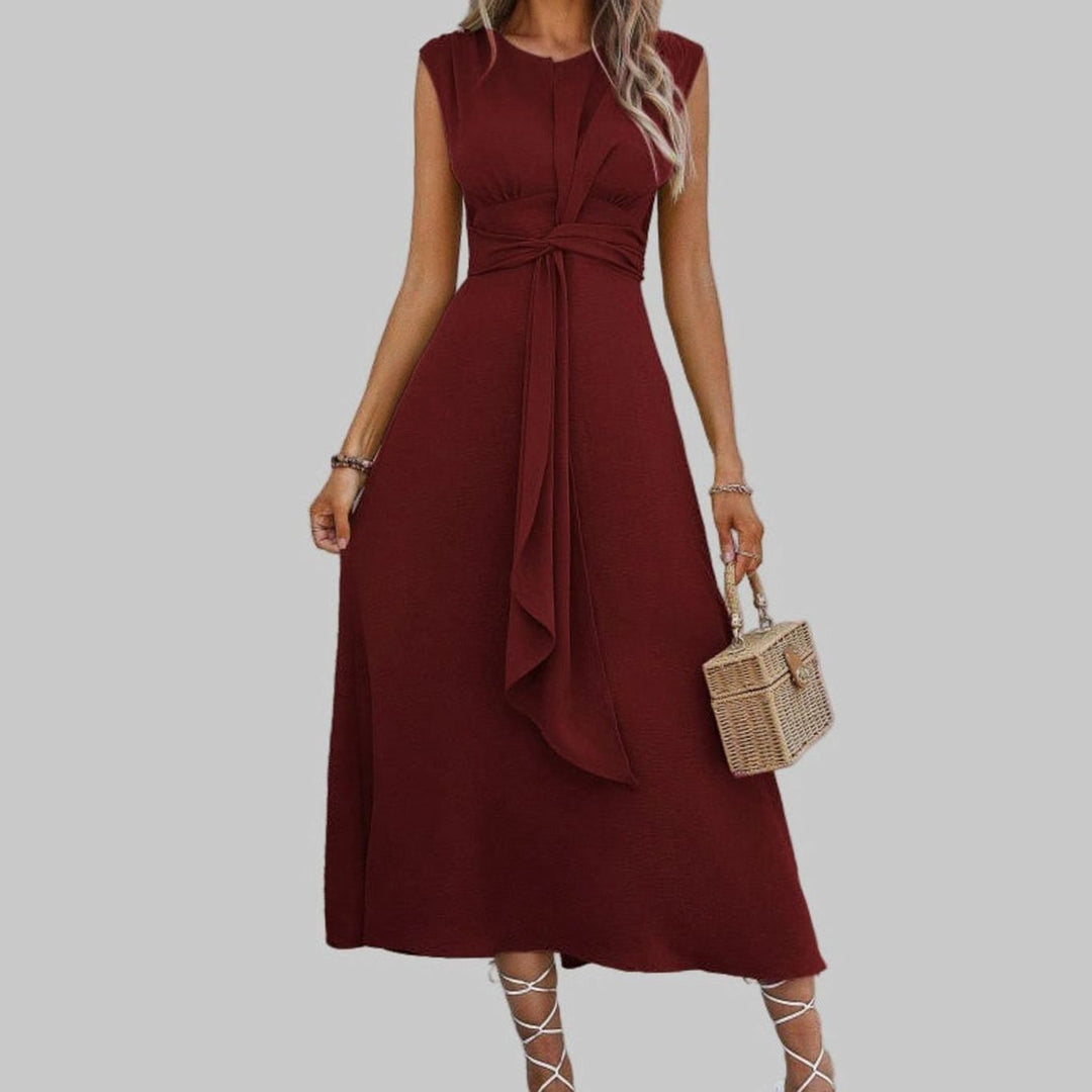 Women's Sleeveless Round Neck Belted A-Line Midi Dress - Maroon