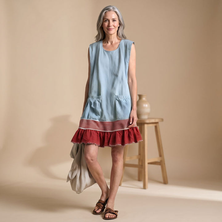 Women's Sleeveless Ruffle Hem Tunic Dress with Front Pockets - Light Blue