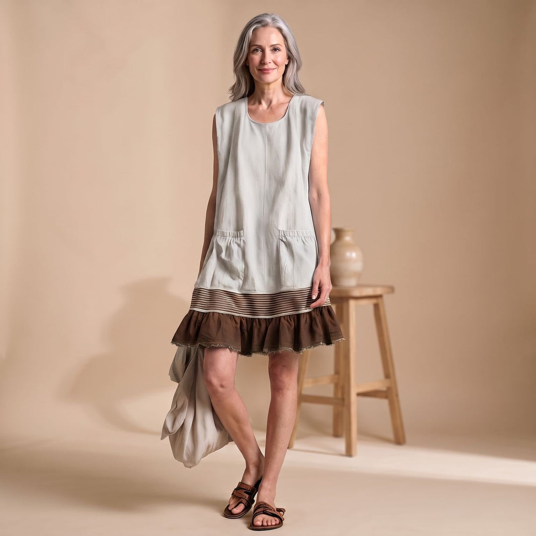 Women's Sleeveless Ruffle Hem Tunic Dress with Front Pockets - Beige