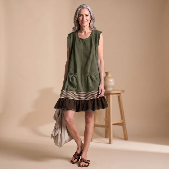 Women's Sleeveless Ruffle Hem Tunic Dress with Front Pockets - Olive