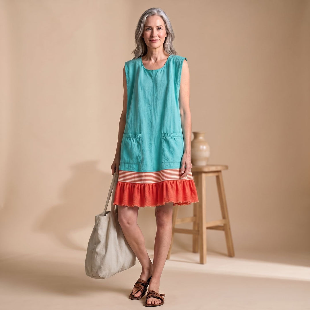 Women's Sleeveless Ruffle Hem Tunic Dress with Front Pockets - Teal