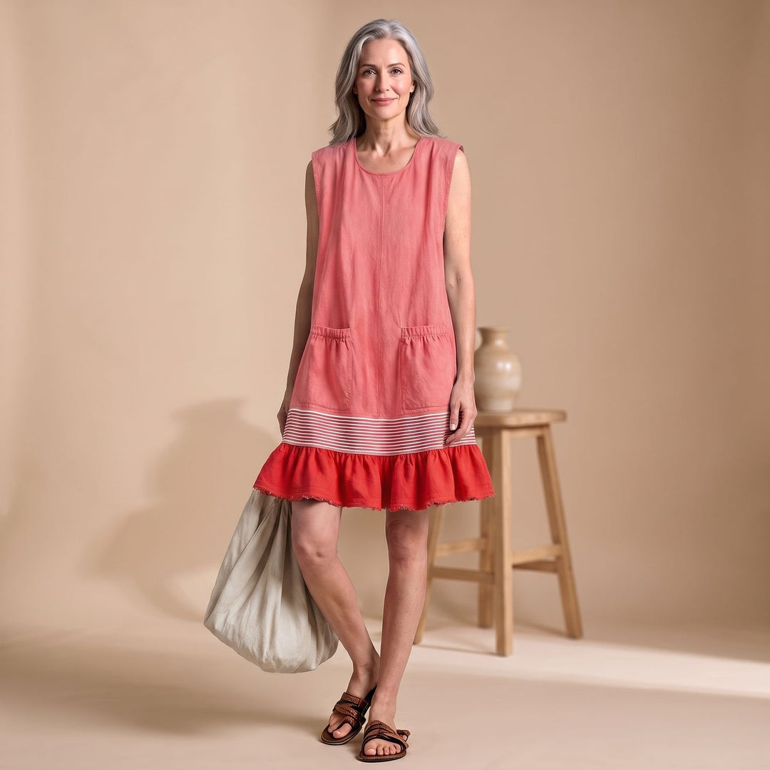 Women's Sleeveless Ruffle Hem Tunic Dress with Front Pockets - Pink