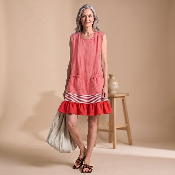 Women's Sleeveless Ruffle Hem Tunic Dress with Front Pockets - Pink
