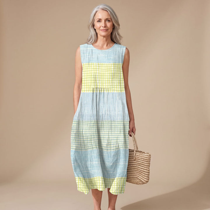 Women's Sleeveless Tiered Midi Dress Plaid Colorblock Round Neck - Multicolor 1