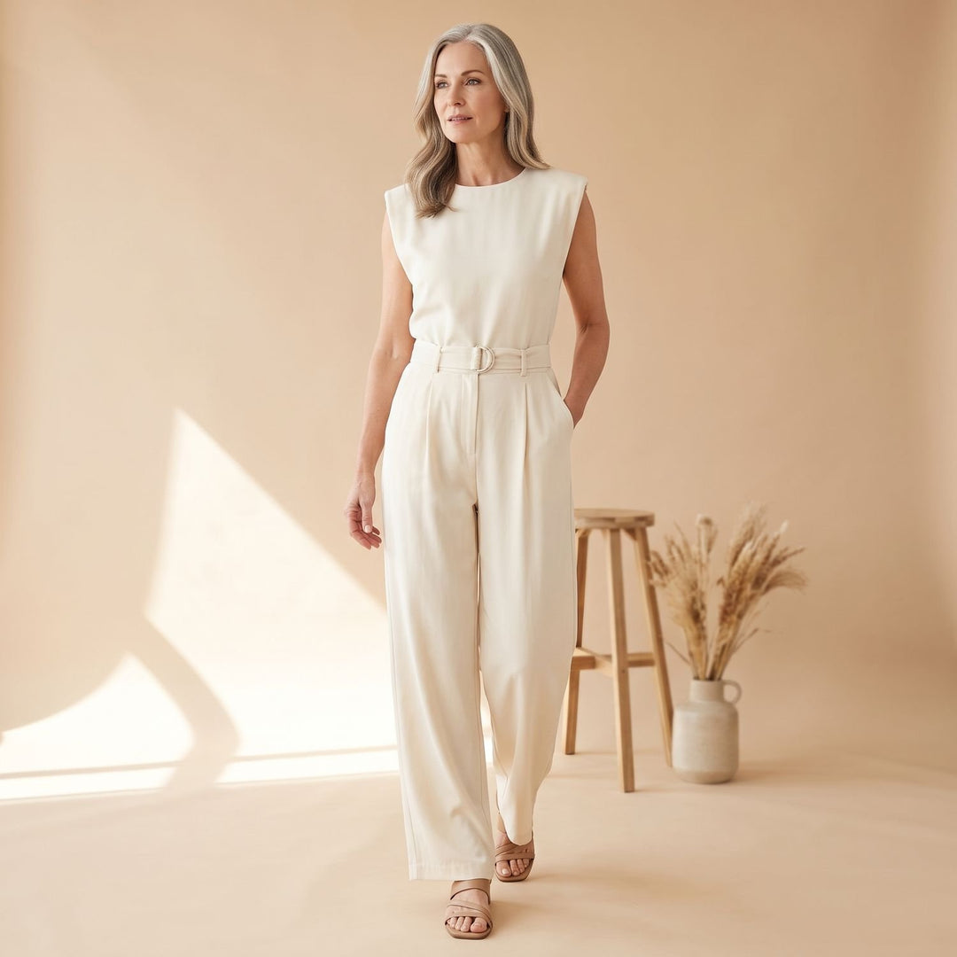 Women's Sleeveless Wide-Leg Belted Jumpsuit - Beige