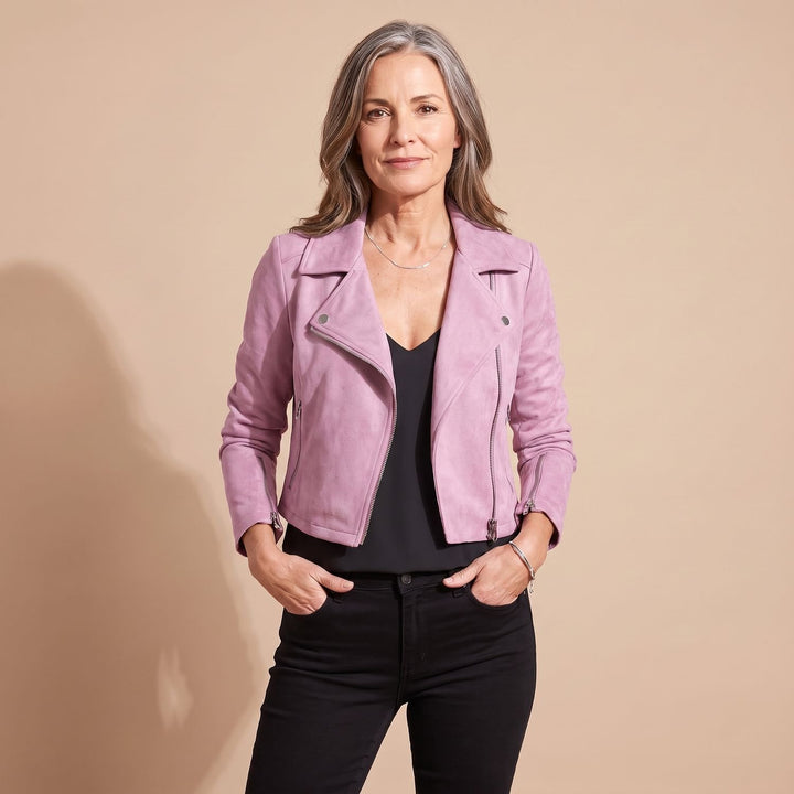 Women's Slim-Fit Asymmetric-Zip Moto Faux Leather Jacket - Pink