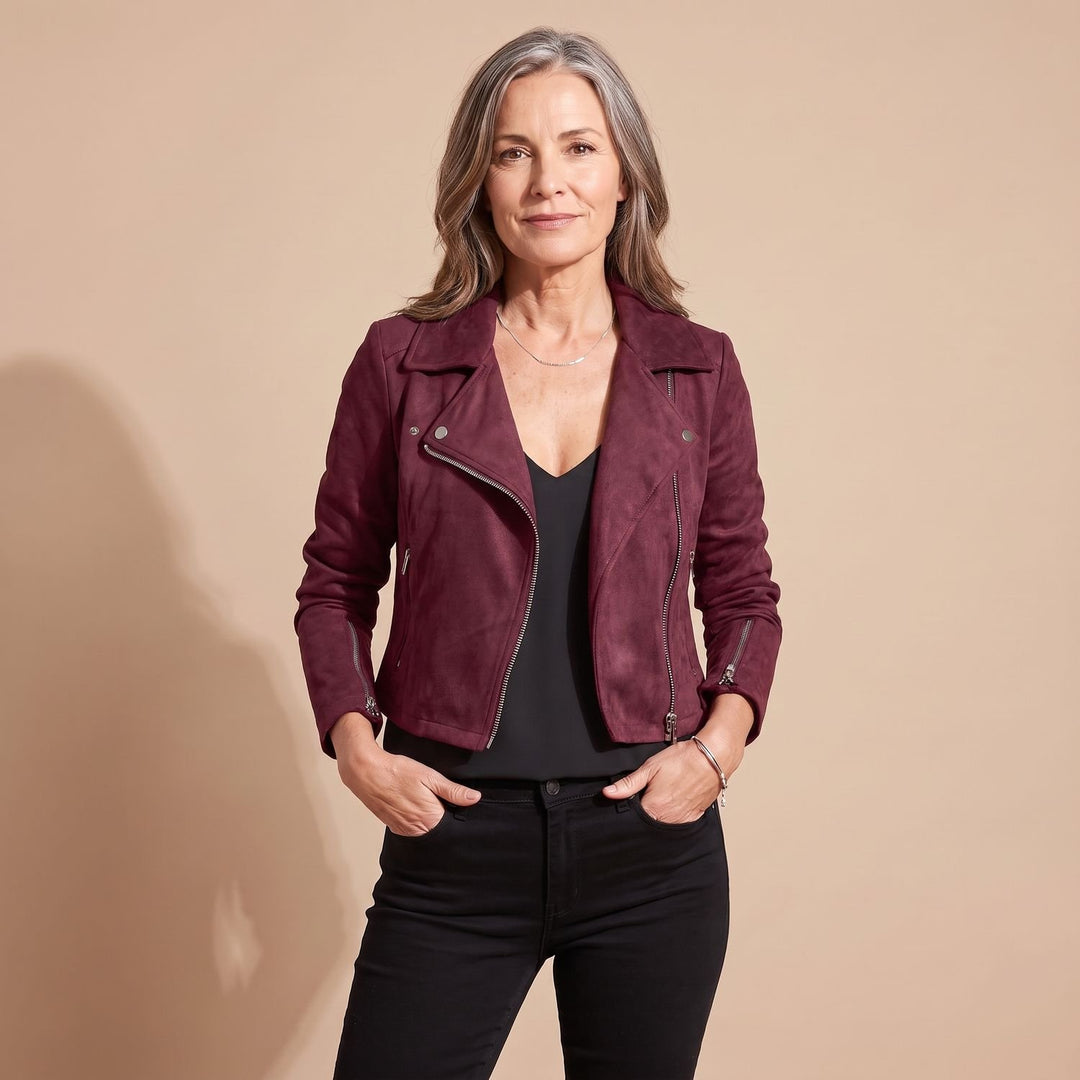 Women's Slim-Fit Asymmetric-Zip Moto Faux Leather Jacket - Red