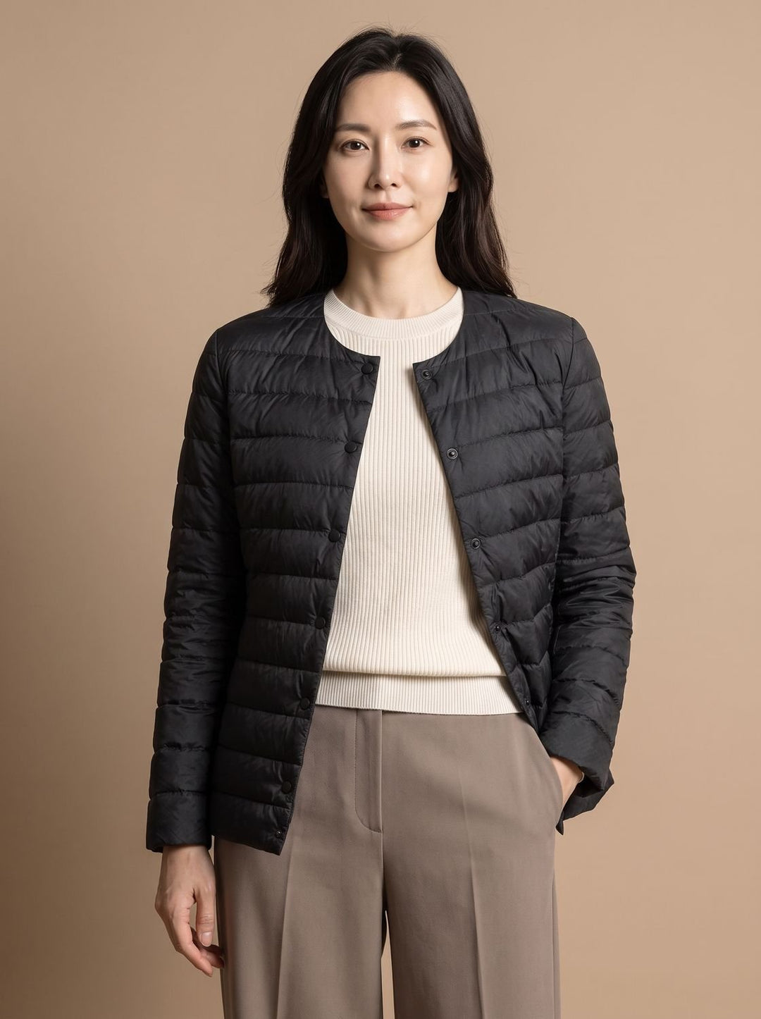 Women's Slim-Fit Collarless Quilted Puffer Jacket - Black